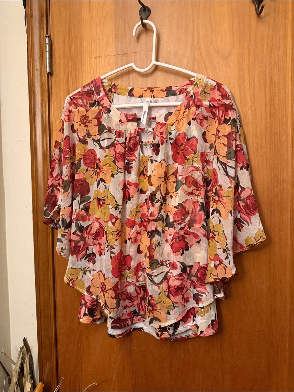 NY Collection Floral Button-Front Blouse in Red, Yellow, Cream